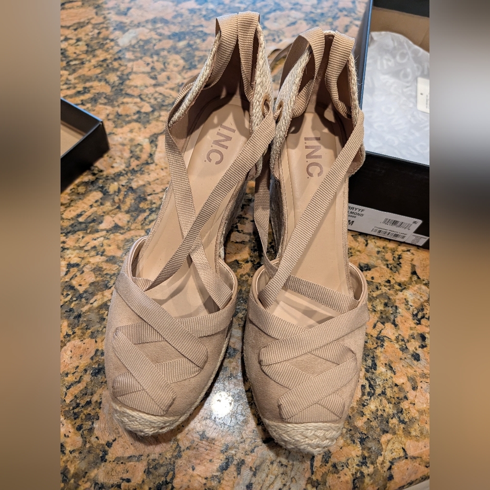 INC International Concepts Beige Espadrille Wedge Sandals with Ankle Wrap - Picture 2 of 6